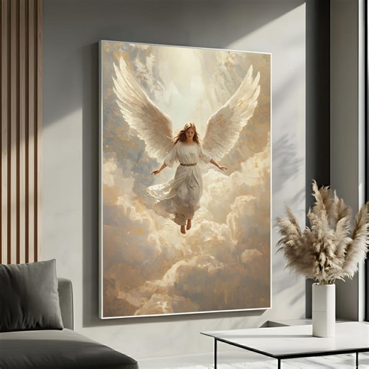 Heavenly Angel Canvas Wall Art | Christian Angel Decor | Celestial Faith Artwork With Light Beams | Spiritual Home Gift - Etsy