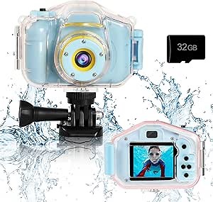 Agoigo Kids Waterproof Camera - Children Underwater HD Video Digital Camcorder, Portable Travel Toy for Toddler - Ideal Christmas Birthday Gifts for Boys Girls Age 3-12 with 32GB Card (Blue)