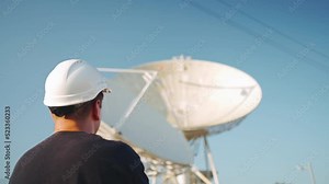 Engineer looking earth based astronomical radio telescope. Radio telescopes used in science for space observation and distant objects exploring. Caucasian man white protective helmet satellite dishes