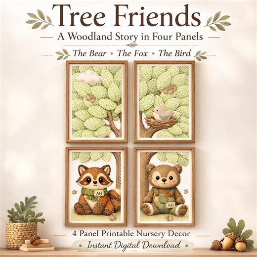 4 Panel Printable Nursery Decor | Woodland Wall Art Forest Animals | Bear Fox Bird | Gender Neutral Baby Girl Boy | Digital Download - Etsy