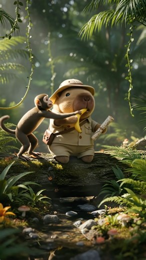 A friendly monkey shares a banana with a capybara! #Capybara #Monkey #ASMR #CuteAnimals #eatingasmr