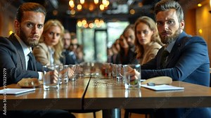 Business Meeting Tensions: A serious, intense business meeting unfolds, captured in a captivating image showcasing the focused expressions and poised body language of a diverse group of professionals.