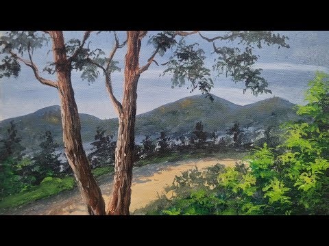 Peaceful Nature Landscape Painting | Mountain Road & Trees Scenery Art | Acrylic Painting