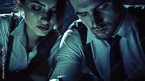 A woman and a man in white shirts and dark ties lean over a table, looking intently at something, perhaps a clue, in the dimly lit room