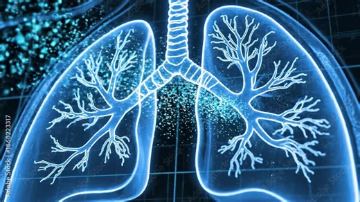 Glowing digital medical illustration of human lung anatomy with bronchial tree and airway branching, pulmonary respiratory system anatomy showing trachea bronchi particulate deposition