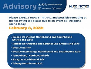 NLEX says heavy traffic expected Feb. 8 due to Philippine Arena event