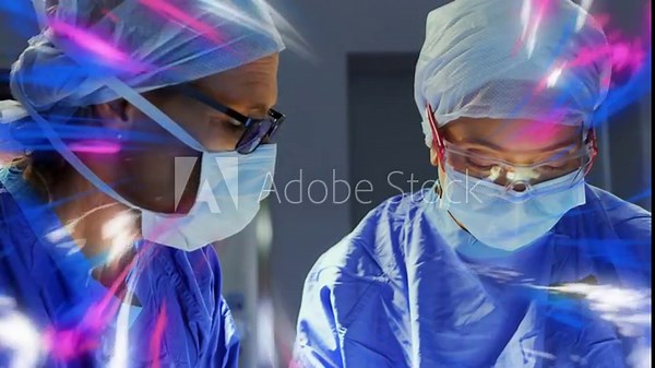 Light overlays sweeping, surgeon guiding assistant handling forceps and suturing in medical surgery