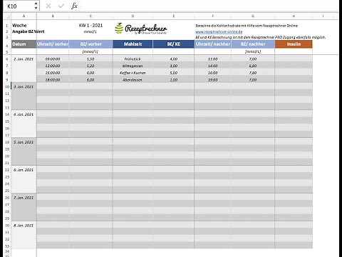Blutzucker Tabelle Eintragen und Ausdrucken