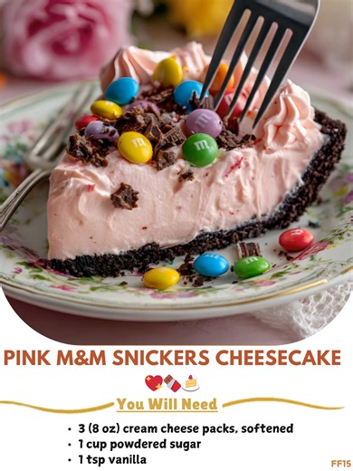 22K views · 110 reactions | Pink  M&M Snickers Cheesecake  Creamy pink dessert with Snickers chunks, M&Ms, crisp cookie base. No oven, just chill! Ingredients: Base: 3 (8 oz) cream cheese packs, softened 1 cup powdered sugar 1 tsp vanilla ..... Full Recipe in Coʍmеոτ  轢 | Grandma's Recipes | Facebook