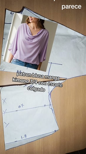 patrón paso a paso de la blusa manga kimono 3/4 con escote colgado