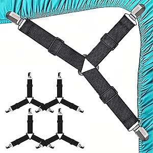 4 PCS Fitted Bed Sheet Straps - Elastic Suspenders with Metal Clips for Bed Sheets, Mattress Covers, Sofa Cushions - Adjustable Fasteners to Keep Sheets Wrinkle-Free (Black-4pcs)