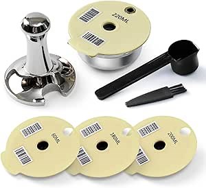 Stainless Steel Tas simo Reusable Pod-220ML+Extra Lids-200+180+60ML, BENFUCHEN Tas simo Refillable Pod Stainless Steel for Bosch Coffee Machine, with a Coffee Tamper, Off-White Color