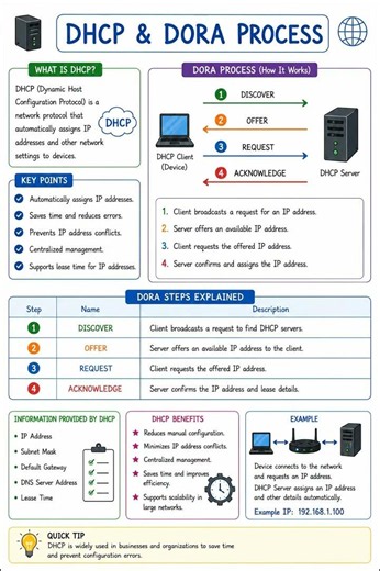 How does DHCP work with the DORA process?DHCP (Dynamic Host Configuration Protocol).