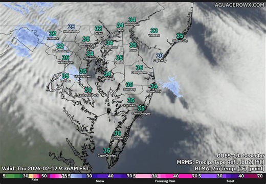Current satellite and radar showing a constant stream of clouds coming in from the Northwest. There has been a few flurries that have made it down to the surface from time to time. Can confirm that here in Georgetown this morning. Temperatures not going to warm up all that much sticking into the mid and upper 30s. | TV Delmarva