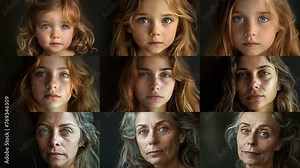 Concept of aging process and change of different generations. Age-related skin changes. Human ageing collage. Present, past and future. Life cycles. Face of young girl and old grandmother nearby.