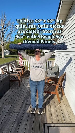 *For Sale in June* This is a 46” x 46” lap quilt. The Quilt blocks are called “Storm at Sea” with 5 Beach/Sea themed Panels. | Michelle Lisa Giorla