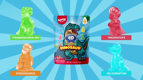 Amos 4D Dinosaur Gummy Candy, Dino Treats for Kids Birthday Party, Dinosaur Themed Snacks, 2.54oz Resealable Bag (Pack of 4)