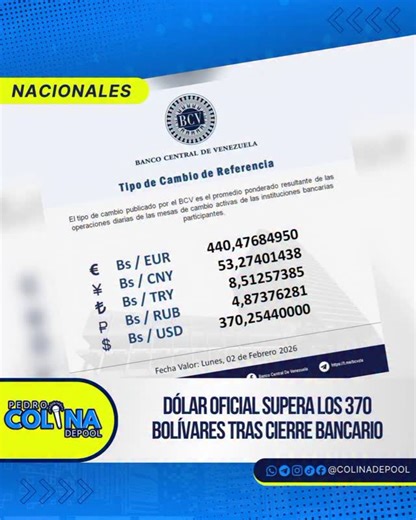 Pedro Colina Depool | Periodista | Locutor on Instagram: "El Banco Central de Venezuela (BCV) informó que el tipo de cambio oficial cerró la jornada de este viernes en 370,25 bolívares por dólar. Con esta cifra, la divisa rompe una barrera histórica, estableciendo la referencia que regirá todas las transacciones comerciales a partir del próximo lunes 2 de febrero. La tasa publicada representa el promedio ponderado de las operaciones efectuadas en las mesas de cambio de las instituciones bancaria