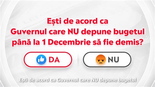 🔴SONDAJ - Ești de acord ca Guvernul care NU depune bugetul până la 1 Decembrie să fie demis? VOTEAZĂ cu DA sau NU la finalul articolului: https://alephnews.ro/ Poți răspunde pe site-urile stiupecelumetraiesc.ro, alephnews.ro și alephbusiness.ro sau pe toate paginile de social media - Instagram @alephnews, @stiupecelumetraiesc, @stiuoficial și @alephbusiness, la story, YouTube Aleph News, TikTok, X, LinkedIn și Telegram @alephnews. 📍Răspunsul tău va fi dezbătut, MIERCURI, 3 decembrie, de la ora