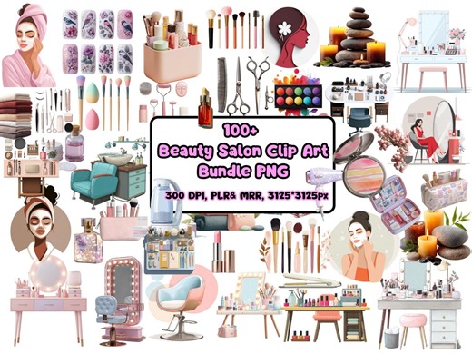 100  Beauty Salon Clip Art Bundle PNG, Makeup & Skincare Clipart Set, Nail Salon Graphics,