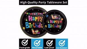 Tevxj 96PCS Happy Birthday Tableware Set Colorful Black Birthday Dinnerware Disposable Dessert Plates Birthday Theme Party Plates Napkins Forks for Boys and Girls Party Decorations Supplies 24 guests