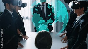 Skilled manager using VR glass to connect cloud data storage server with hologram of big data and digital screen flowing while team programing system. Cloud and security data protection. Directorate.