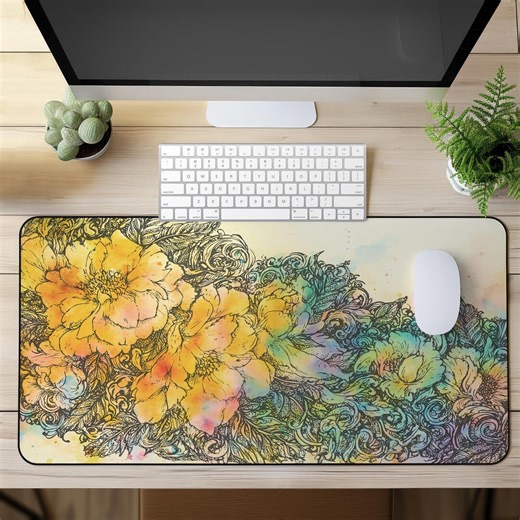 Personalized Floral Desk Mat: Custom Watercolor Office Decor - Etsy