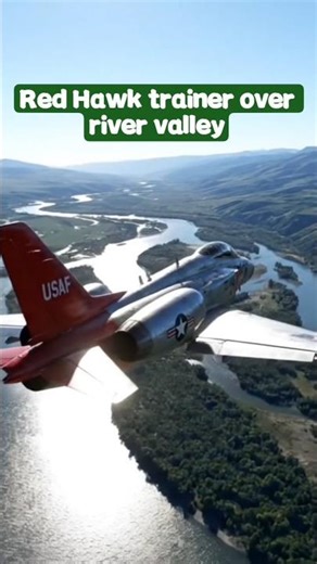 🇺🇸 T-7A Red Hawk trainer jet flying over a wide river valley #redhawk #globalhawk