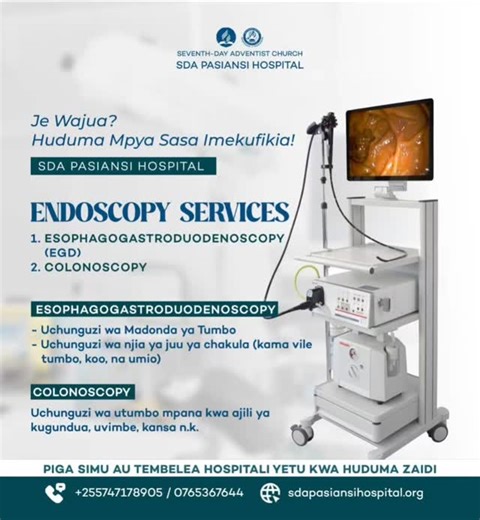 Yondi Mathias on Instagram: "🩺 *HUDUMA MPYA IMEWASILI!* Je, unasumbuliwa na matatizo ya tumbo, koo au njia ya chakula? 🫃🫁 *SDA Pasiansi Hospital* sasa inakuletea *Huduma za Endoscopy* kwa uchunguzi wa kitaalamu wa ndani ya mwili bila upasuaji: 🔹 *Esophagogastroduodenoscopy (EGD)* – kwa uchunguzi wa tumbo, koo, umio 🔹 *Colonoscopy* – kwa uchunguzi wa utumbo mpana: uvimbe, kansa, n.k. 👉 *Fika sasa upate huduma bora kutoka kwa wataalamu waliobobea.* 📞 Piga: +255 747 178 905 / 0765 367 644 🌐