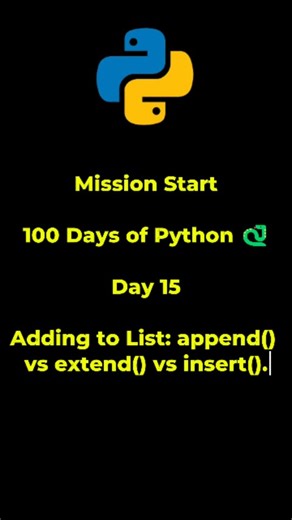 Shahzaib Afzal on Instagram: "Python Tutorial for Beginners | Day 15 | Adding to List: append() vs extend() vs insert() #python #py #pythonprogramming #PythonBeginners #SHCK"