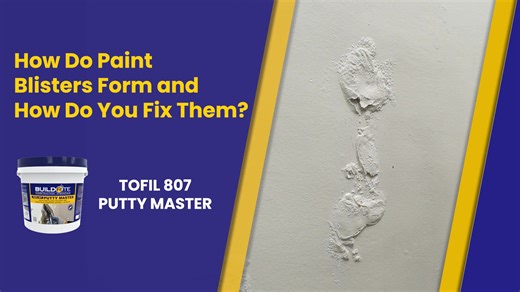HOW DO PAINT BLISTERS FORM AND HOW DO YOU FIX THEM? Paint blisters usually start with waterproofing failure, which lets moisture lift paint and weaken the substrate, causing peeling, bubbling, and a compromised finish. The solution begins by addressing the root cause: repair the waterproofing first so moisture won’t return. Restore the surface with proper prep — clean the wall, remove loose paint and skim coat, then rebuild damaged areas using TOFIL 807 Putty Master for a strong, even, crack-res