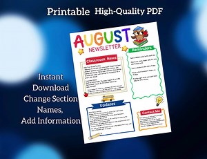 Editable August Newsletter Template Printable, PTO, PTA, Classroom Editable Newsletter, Back to School Newsletter, School Flyer, S1 - Etsy
