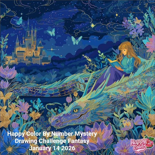 Happy Color By Number Mystery Drawing Challenge: Fantasy A Girl Read A Book With Dragon 56 Second