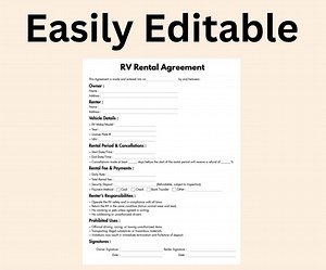 Editable RV Rental Agreement Template: One-Page Camper Contract (Canva, Word, PDF)