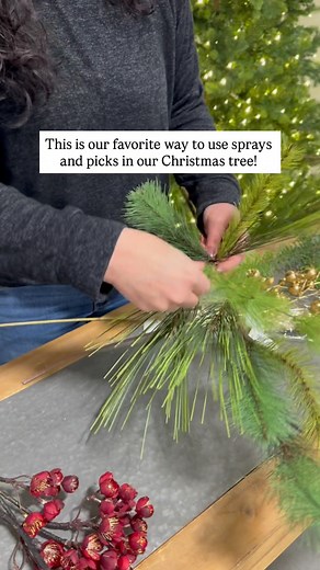 SAVE this video and try THIS trick for leveling up your Christmas tree this year! Sprays and picks add beautiful texture to your decor - come shop our selection in store and online! #moderndisplay #christmasdecor | Modern Display