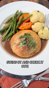 This hearty vegan entrée features a rich, umami-packed Portobello cap, flavorful mushroom duxelles, and a golden, flaky puff pastry. It’s finished with velvety mushroom jus and a fresh, vibrant vegetable medley for a satisfying bite. Enjoy our Vegan Mushroom Wellington for a limited time! karlscabin.com | Karl's Cabin Restaurant & Banquets in Plymouth