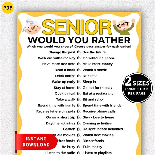 Senior Would You Rather Game, Games for Senior Citizens, Printable Senior Party Game, Fun Elderly Games, Retirement Games, Nursing Home Game - Etsy