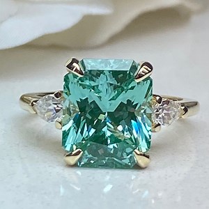 Radiant Cut Paraiba and Pear Moissanite Engagement Ring, 14k Gold Three Stone Wedding Ring, 3 Stone Tourmaline and Moissanite Ring #7156 - Etsy