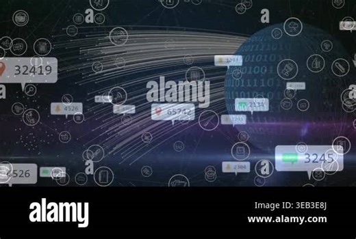 Animation of globe with binary coding and network of social media icons and numbers. global social media, connections and data processing concept digitally generated video.
