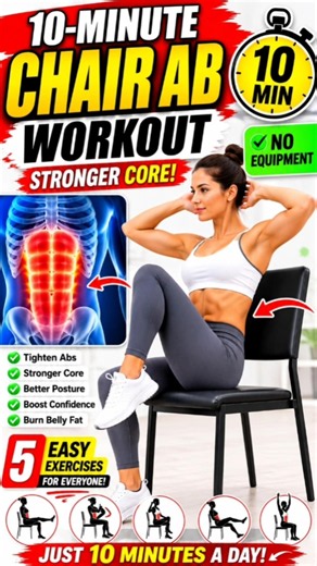 10-Minute Chair Ab Workout for a Stronger Core | 5 Easy Exercises at Home (No Equipment)
