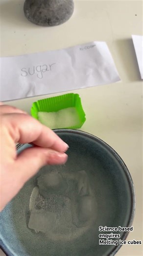 Science based inquiry predictions with-melting ice cubes with salt,sugar and hot water.