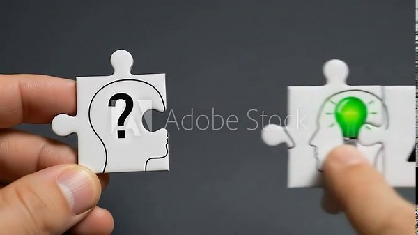 Conceptualizing the business innovation process, from identifying a problem with a question mark to finding a solution and assessing risks.