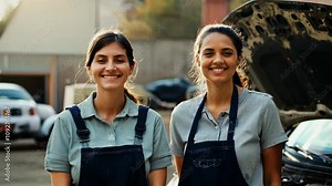 Female car repair team in their workshop. Meet the fierce women of our car repair team as they break barriers and redefine what it means to be a mechanic!