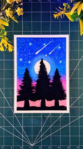 Beautiful Night Sky & Pine Trees Drawing with Oil Pastels 🌌 | Easy Art #shorts #oilpastel