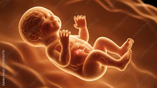 Developing human embryo fetus with visible internal organs floating in a warm womb environment 3D animation