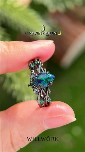 Raven Queen 🌙 Black Opal Ring Set | Gothic Fantasy Black Gold Engagement Ring