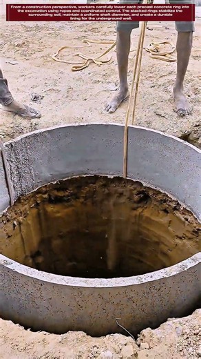 How Workers Lower Precast Concrete Rings Into a Deep Well Shaft