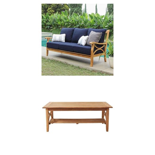 Cambridge Casual Kinsley Natural Teak Wood Outdoor Coffee Table and Teak Outdoor Couch with Navy Cushion Combo - The Home Depot
