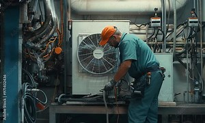 A man in a blue shirt is working on an air conditioner