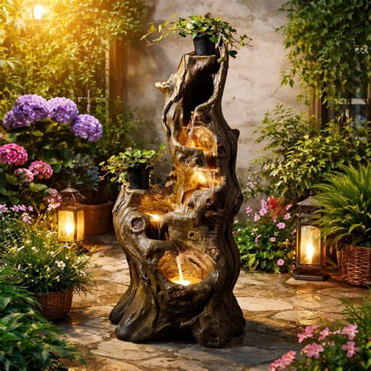 Water Fountain Outdoor 5-Tiers Large Cascading Realistic Tree Trunk Natural Waterfall Outdoor Fountain Resin Imitation Wood with LED Lights